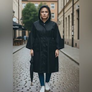 NWOT Athleta  Black Hooded  Longline Parka Rain Jacket Full Zip t Lightweight